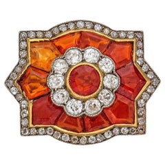 Art Deco Platinum Fire Opal Brooch with Diamond Surrounds