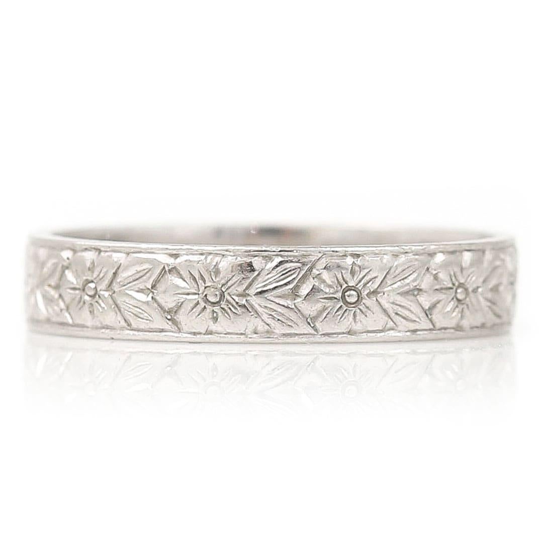 Women's or Men's Art Deco Platinum Floral Engraved Band Ring, circa 1930