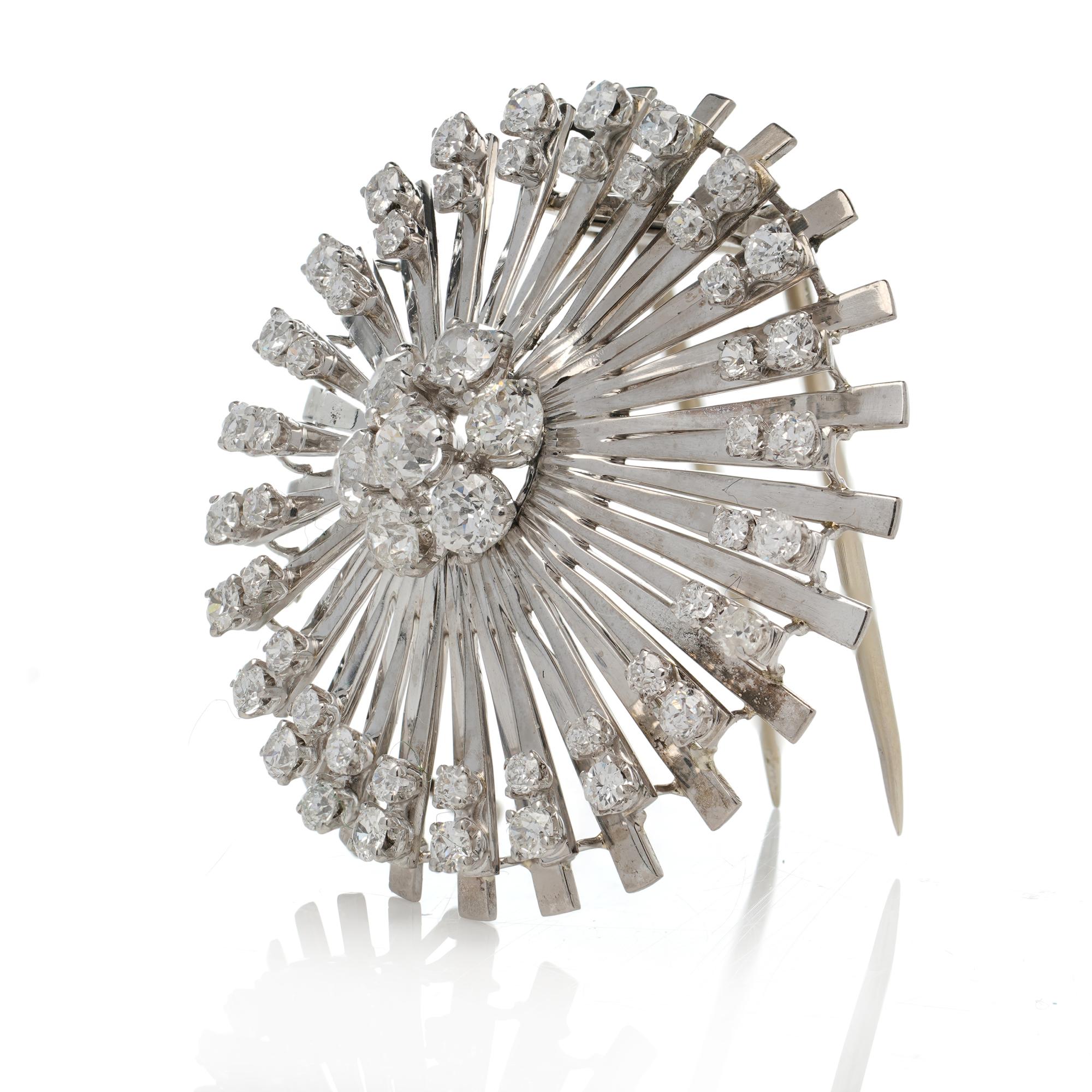 Brilliant Cut Art Deco Platinum Flower Burst Brooch Set with 3.33 CT Old-Cut Diamonds