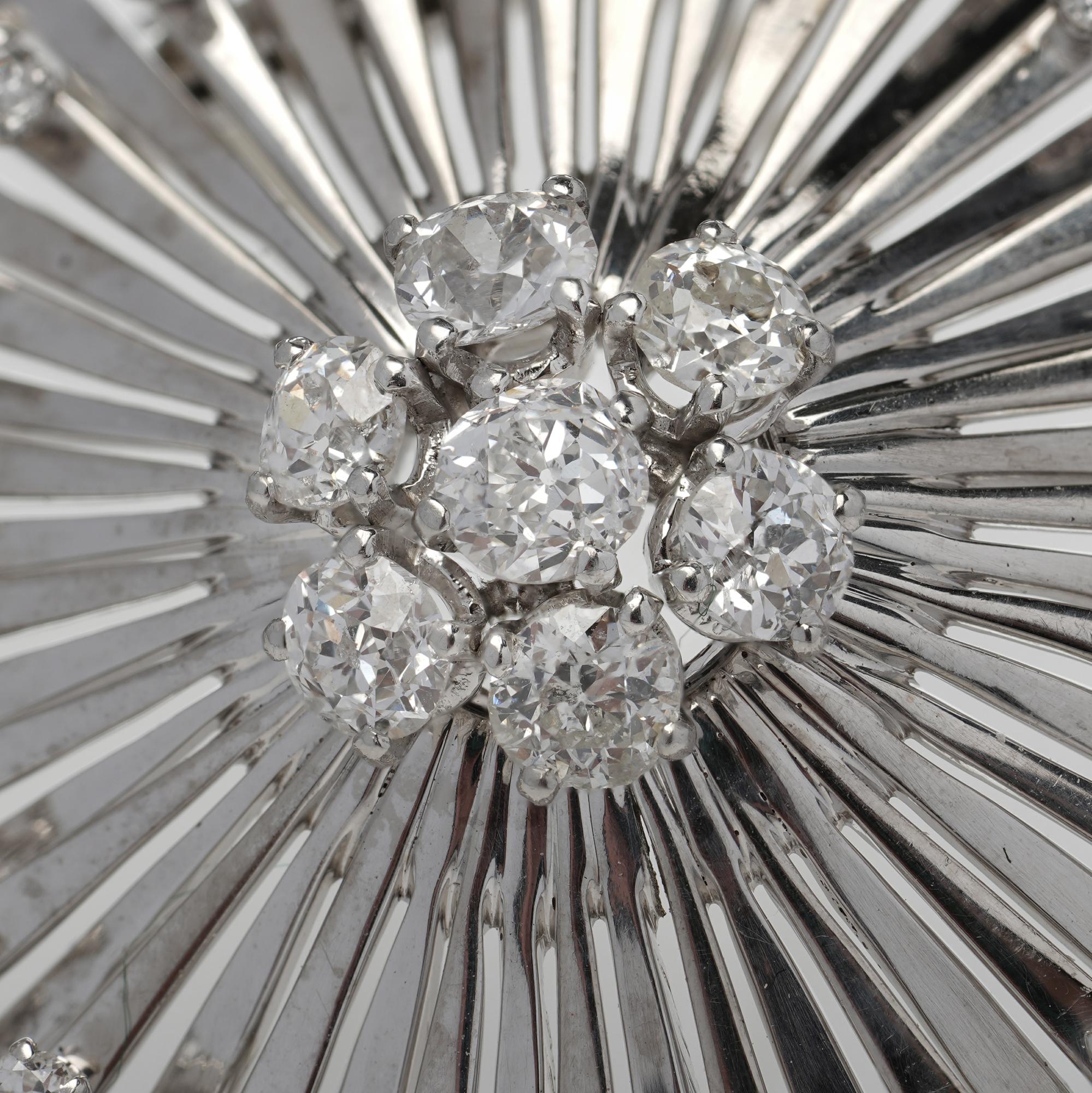 Women's Art Deco Platinum Flower Burst Brooch Set with 3.33 CT Old-Cut Diamonds
