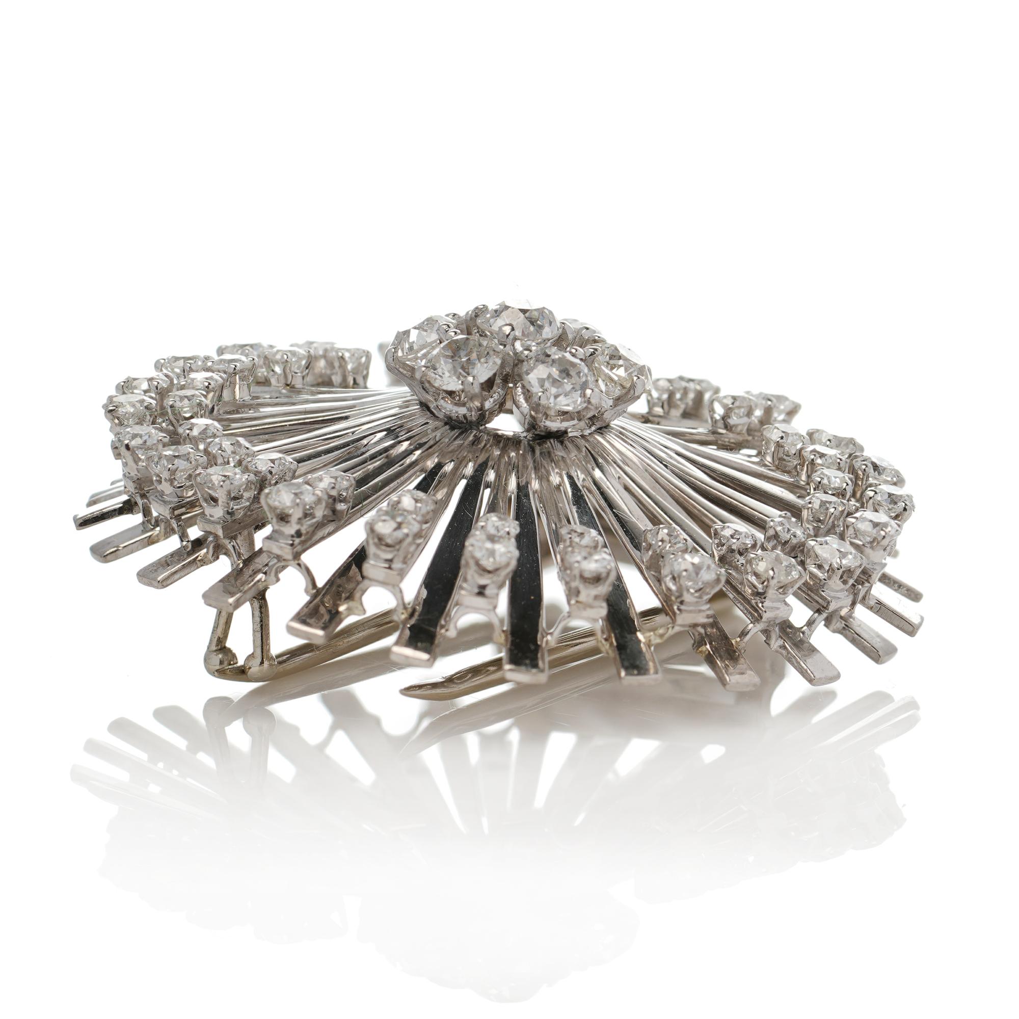 Art Deco Platinum Flower Burst Brooch Set with 3.33 CT Old-Cut Diamonds 1