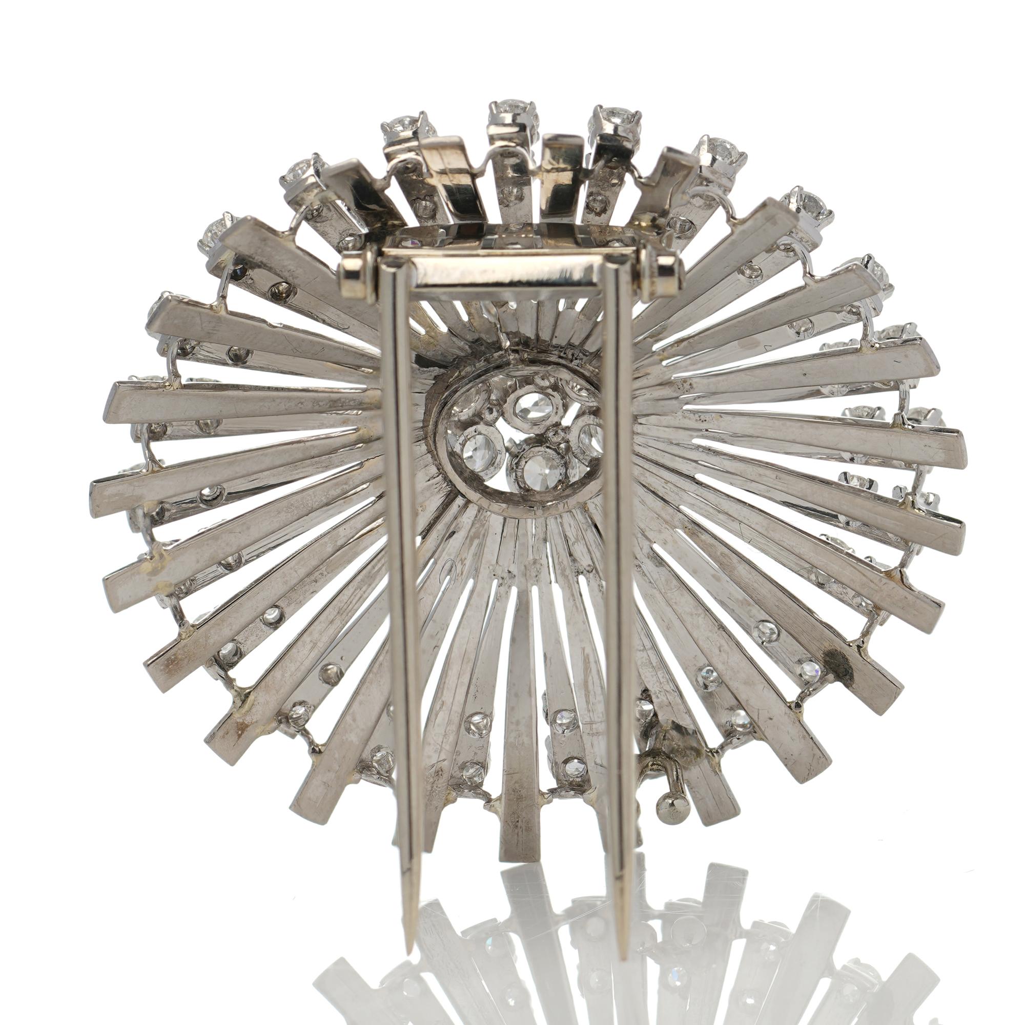Art Deco Platinum Flower Burst Brooch Set with 3.33 CT Old-Cut Diamonds 3