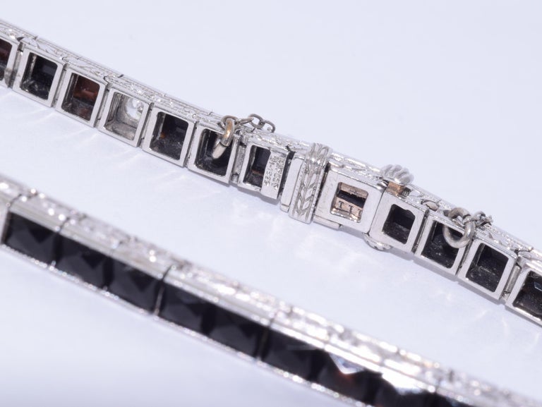 Art Deco Platinum French Cut Onyx and Diamond Line Bracelet For Sale at ...