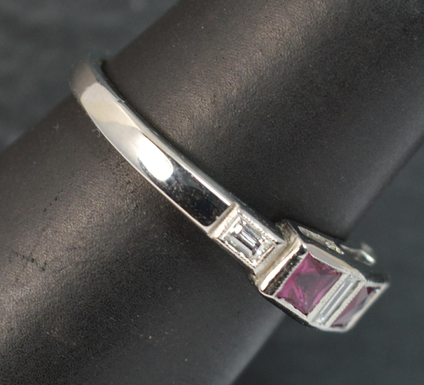 Art Deco Platinum French Cut Ruby and Diamond Stack Ring 7
