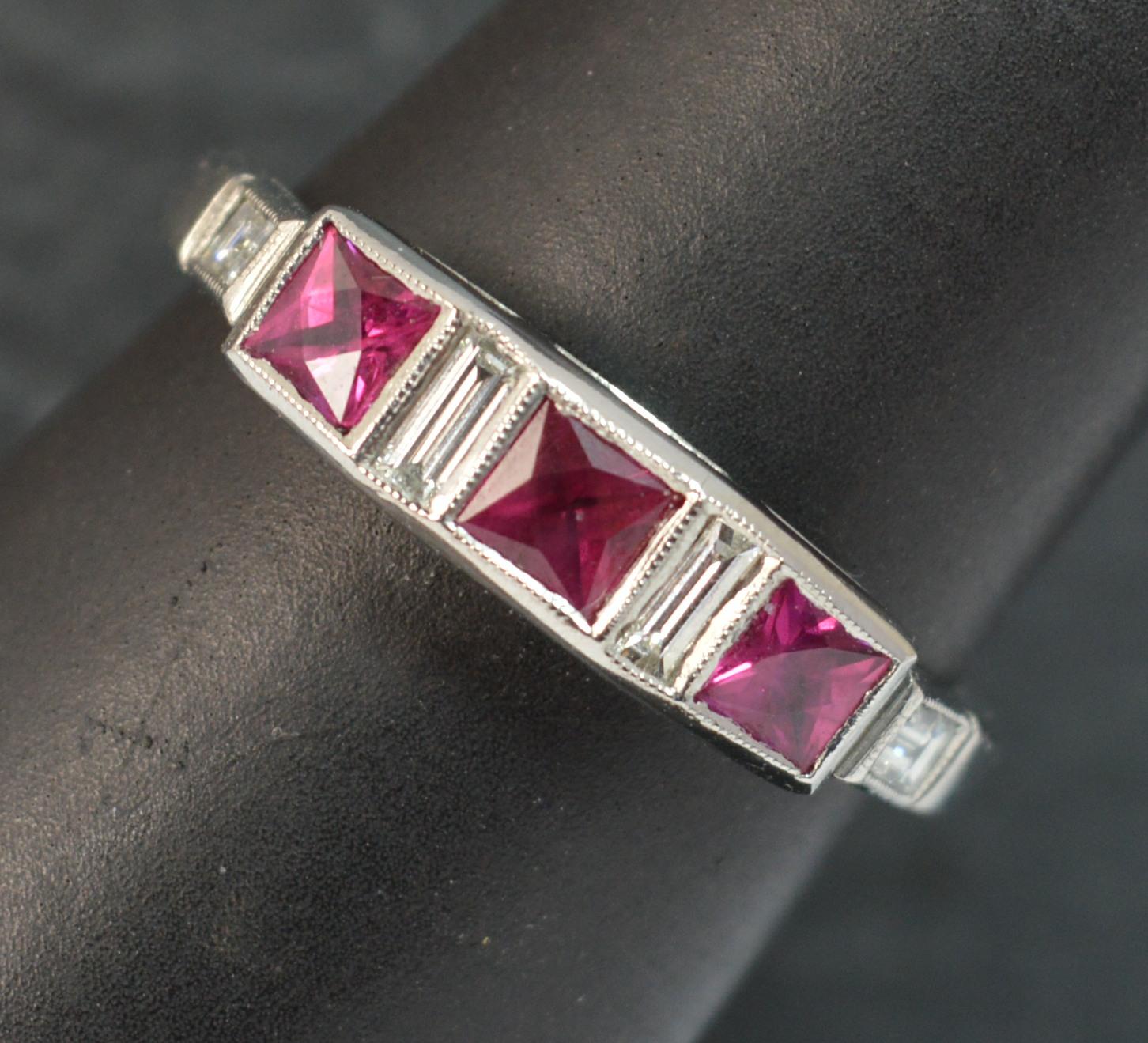 Art Deco Platinum French Cut Ruby and Diamond Stack Ring 8