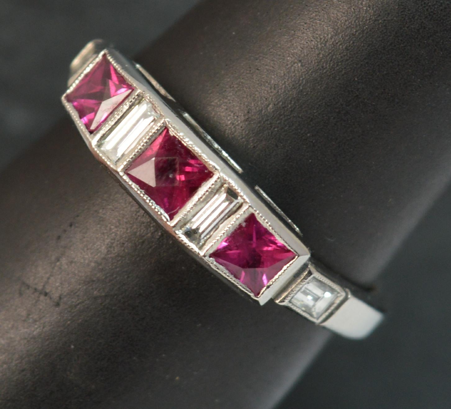 Art Deco Platinum French Cut Ruby and Diamond Stack Ring 9
