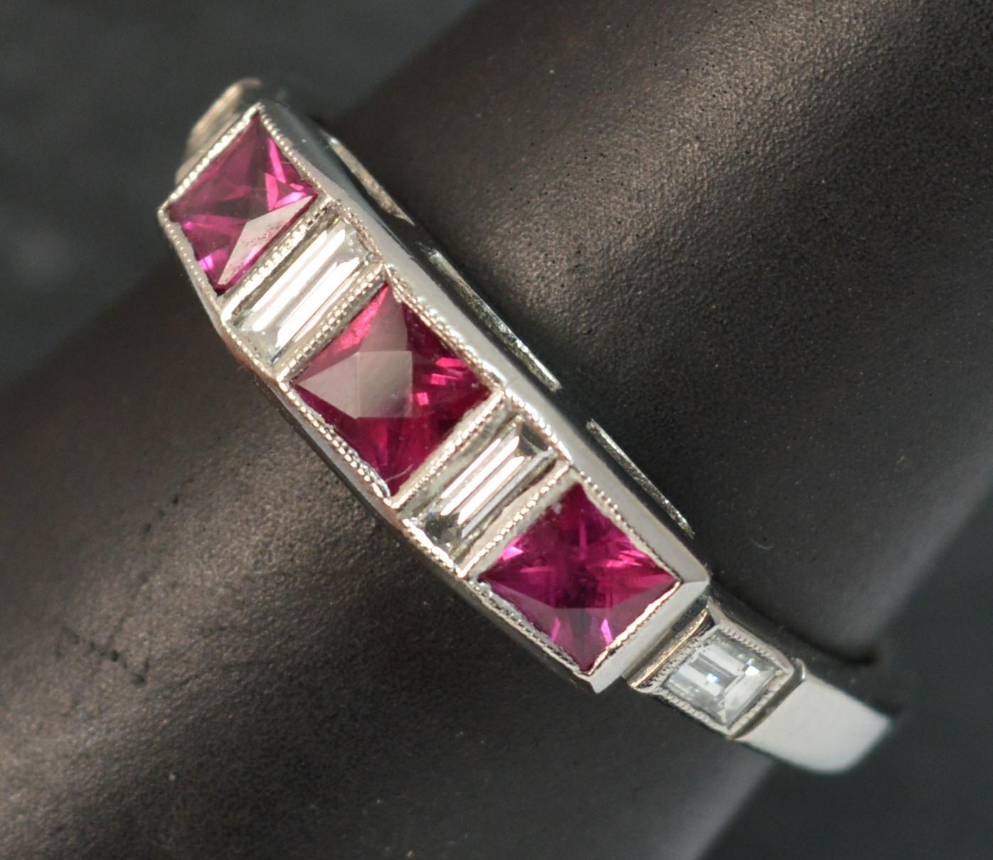 Art Deco Platinum French Cut Ruby and Diamond Stack Ring 10