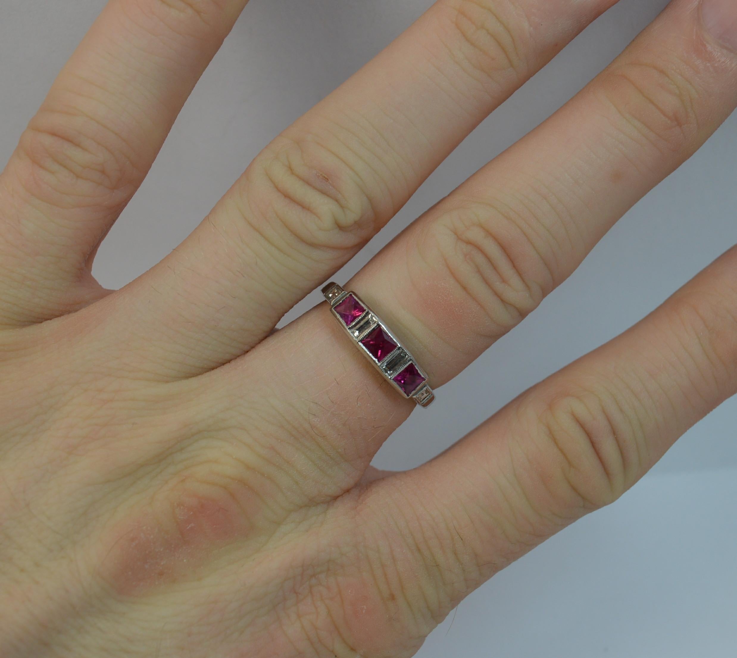 Art Deco Platinum French Cut Ruby and Diamond Stack Ring In Excellent Condition In St Helens, GB