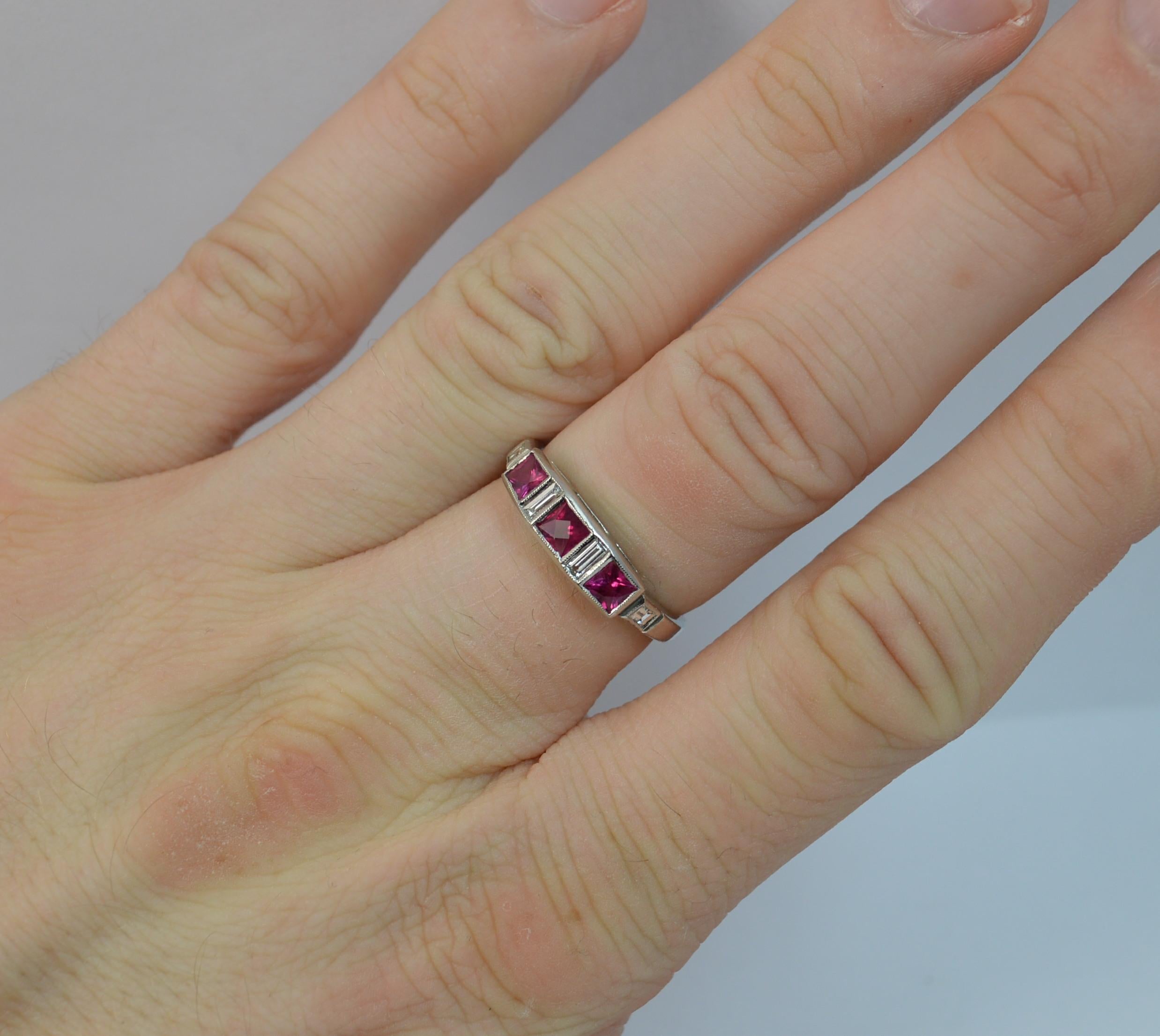 Women's Art Deco Platinum French Cut Ruby and Diamond Stack Ring