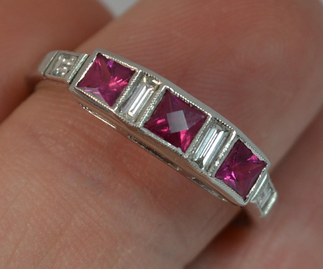 Art Deco Platinum French Cut Ruby and Diamond Stack Ring 2