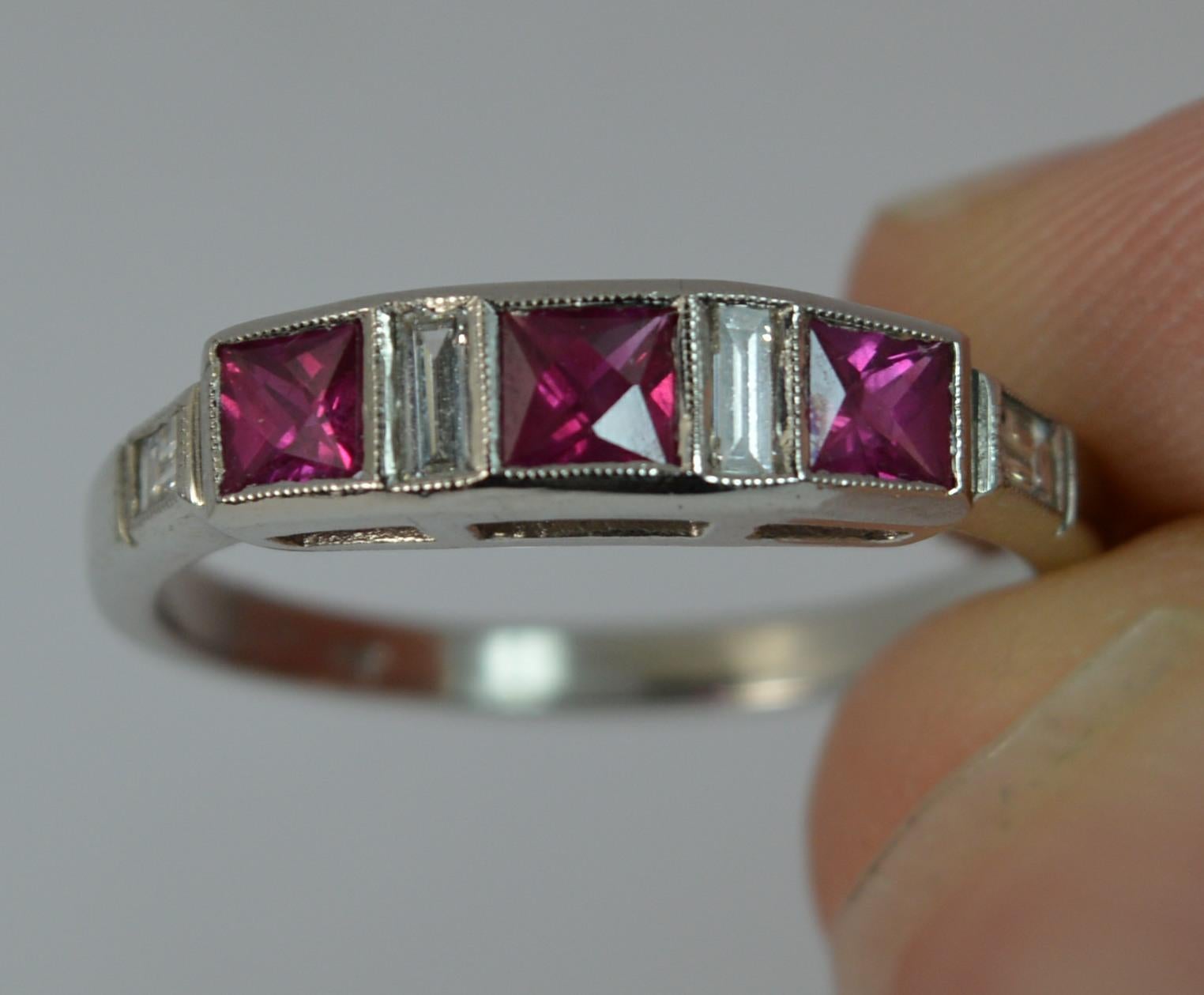 Art Deco Platinum French Cut Ruby and Diamond Stack Ring 3