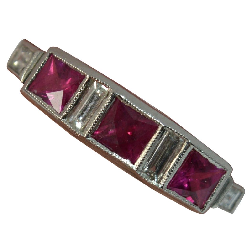 Art Deco Platinum French Cut Ruby and Diamond Stack Ring