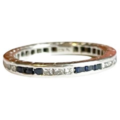 Art Deco Platinum French Cut Sapphire and Diamond Filigree Stackable Band