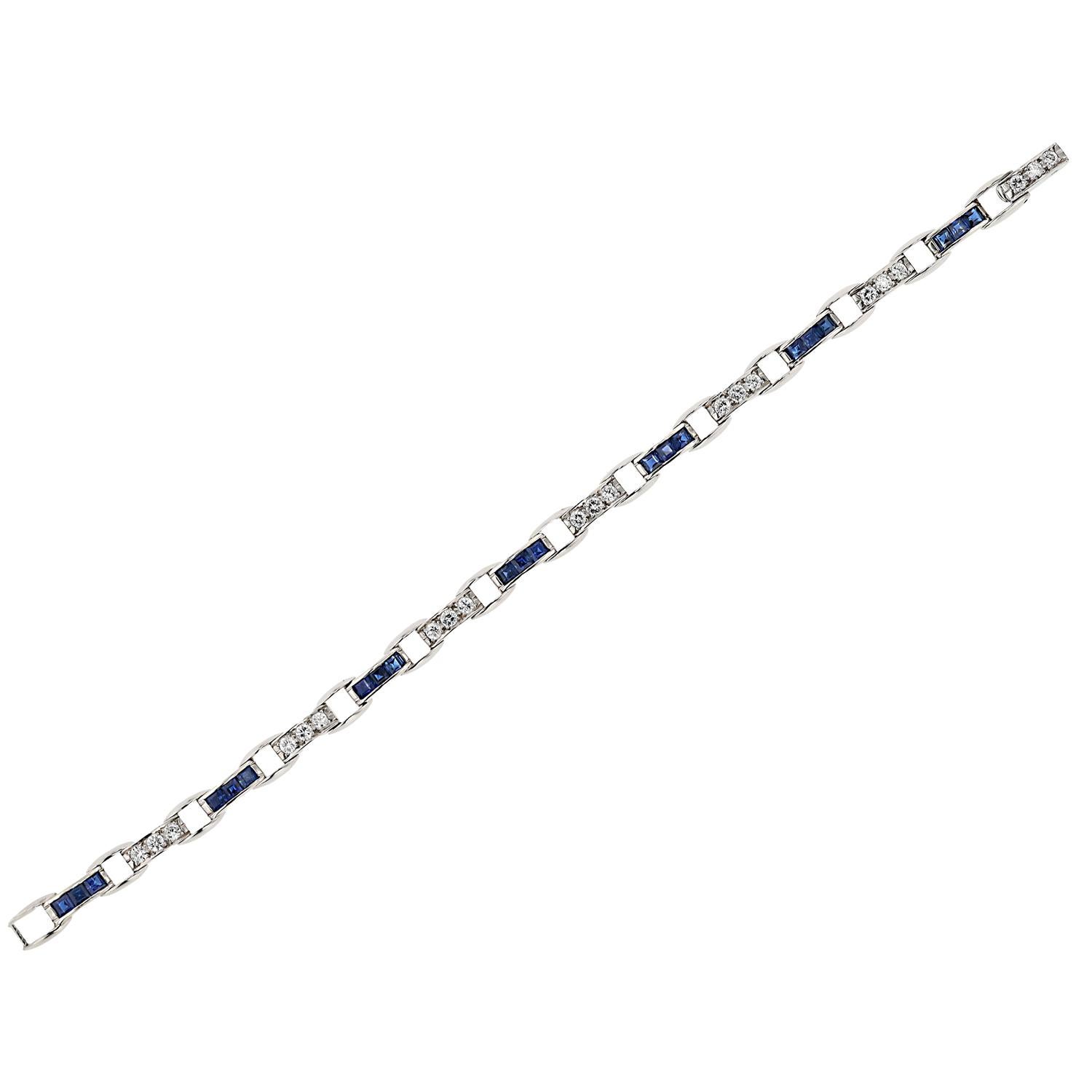 Brilliant Cut Art Deco Platinum French Cut Sapphire and Diamond Straight Line Bracelet For Sale