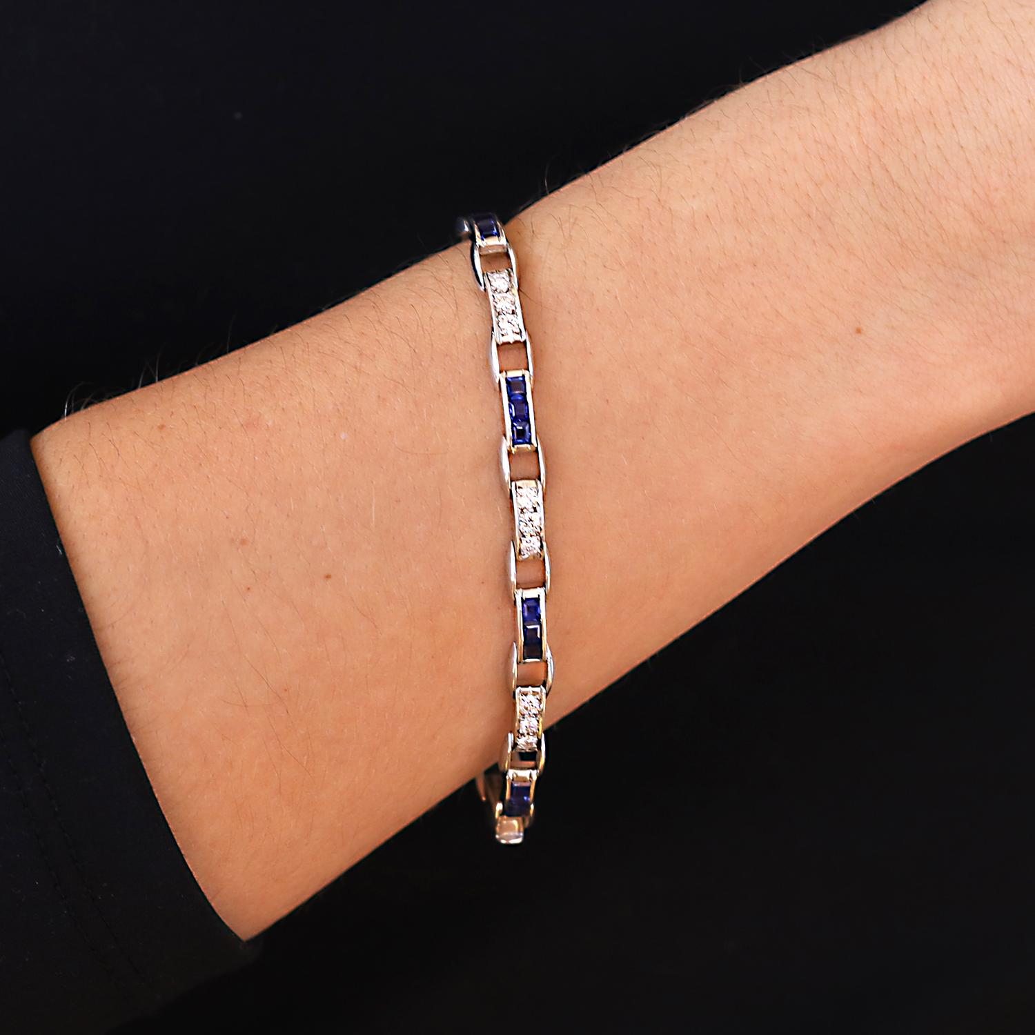 Art Deco Platinum French Cut Sapphire and Diamond Straight Line Bracelet In Good Condition For Sale In Santa Barbara, CA