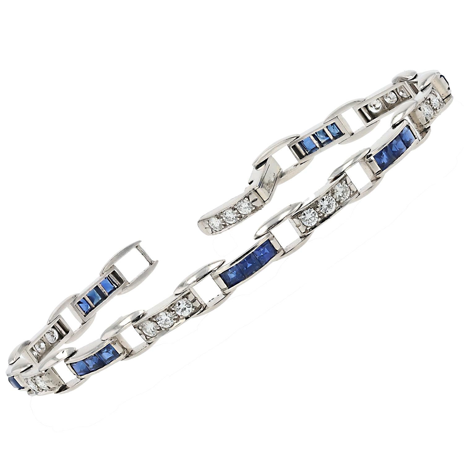 Bracelet ligne droite Art déco en platine avec saphirs taille française et diamants