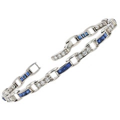 Bracelet ligne droite Art déco en platine avec saphirs taille française et diamants
