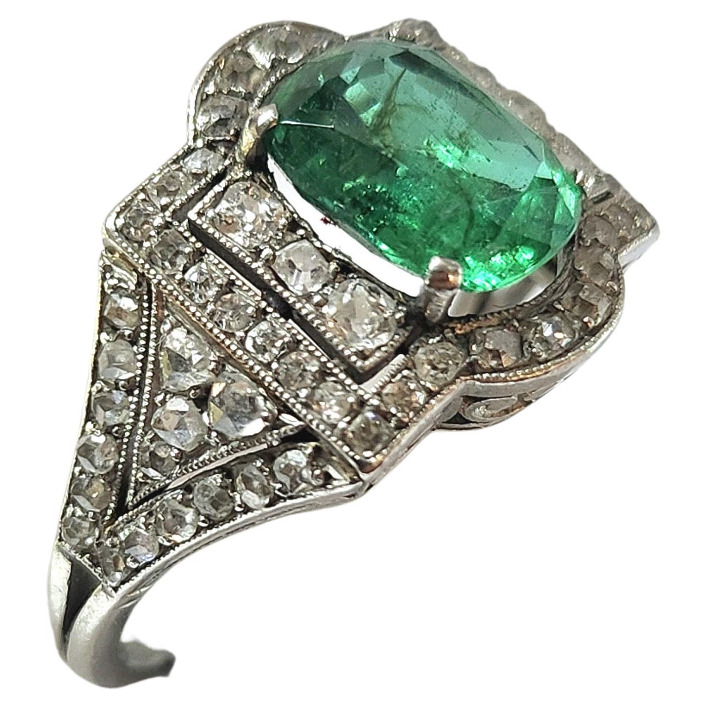 Women's Art Deco Platinum French Emerald and Diamond Ring For Sale