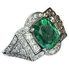 Art Deco Platinum French Emerald and Diamond Ring
