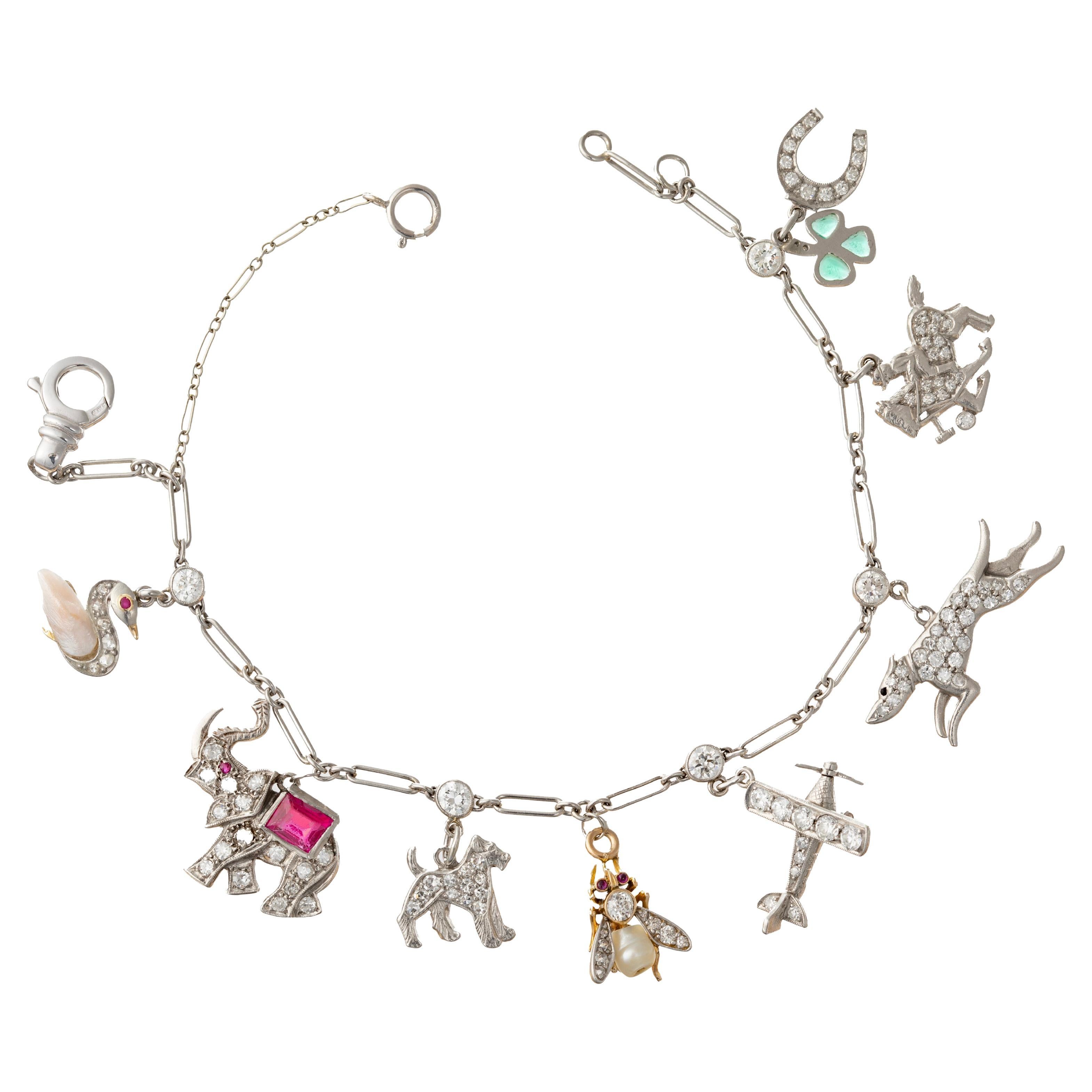 Art Deco Platinum Gem-Set Charm Bracelet
