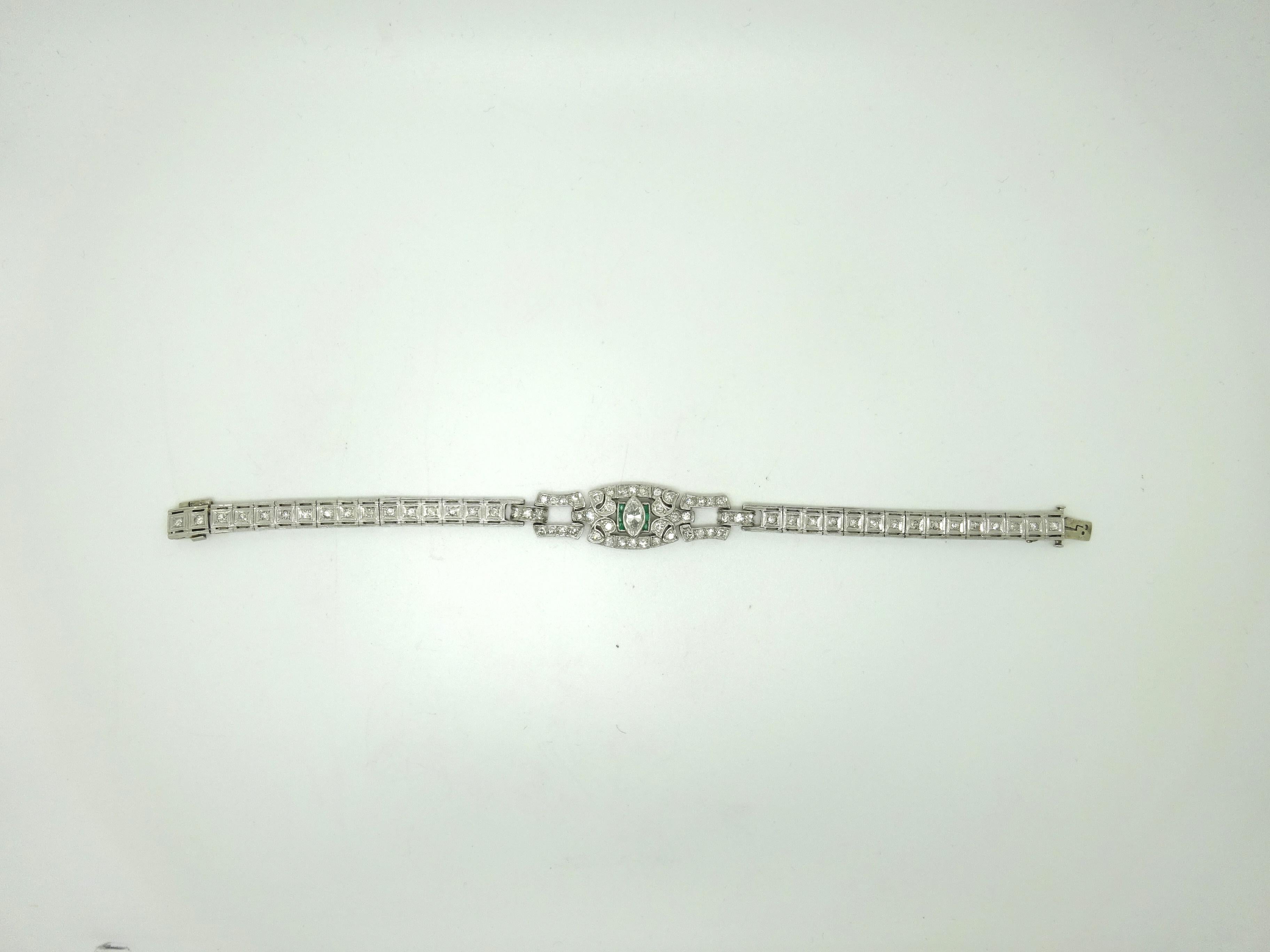 Marquise Cut Art Deco Platinum Genuine Natural Diamond Bracelet with Emeralds '#J3489'