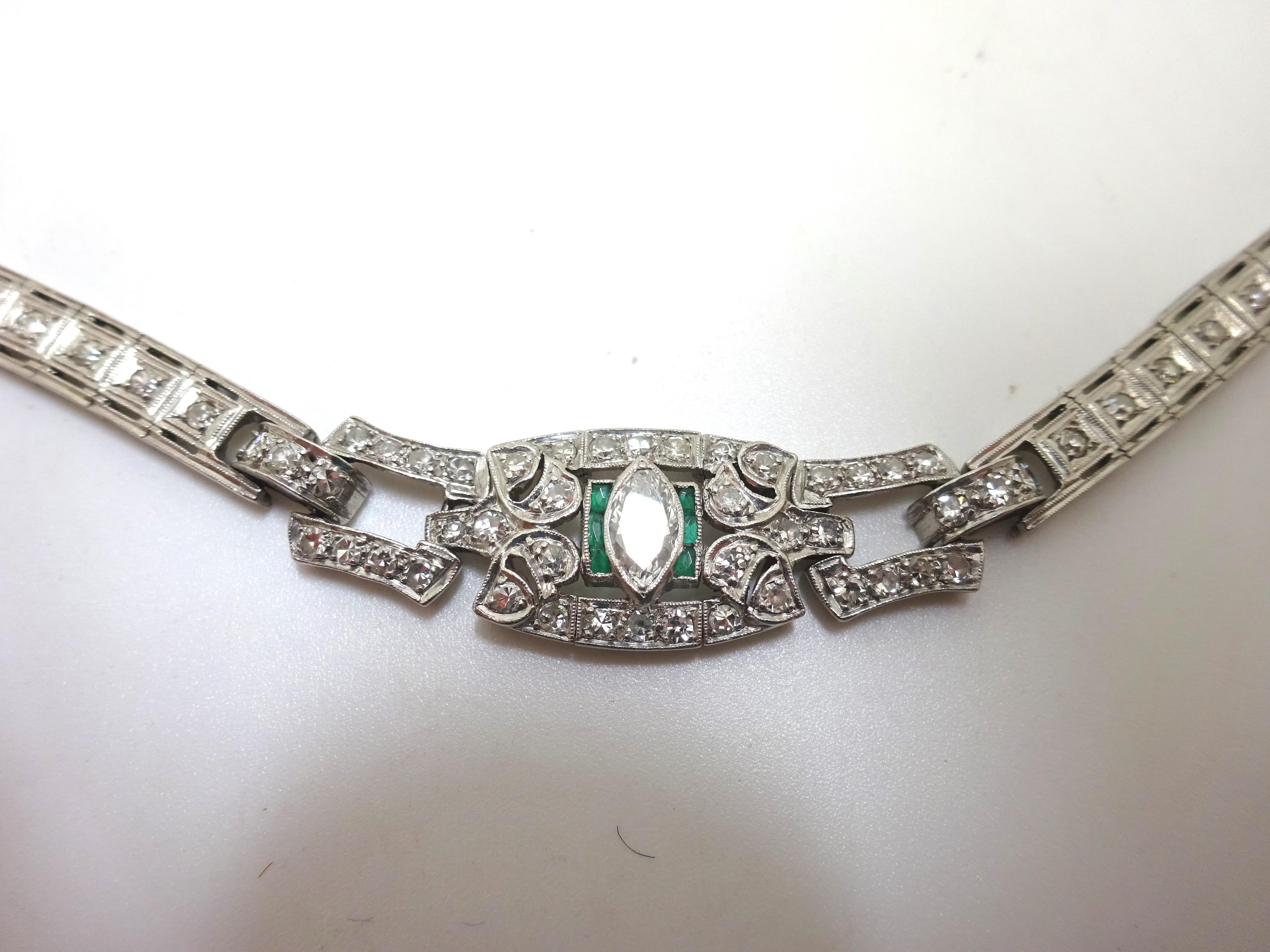 Art Deco Platinum Genuine Natural Diamond Bracelet with Emeralds '#J3489' In Excellent Condition In Big Bend, WI