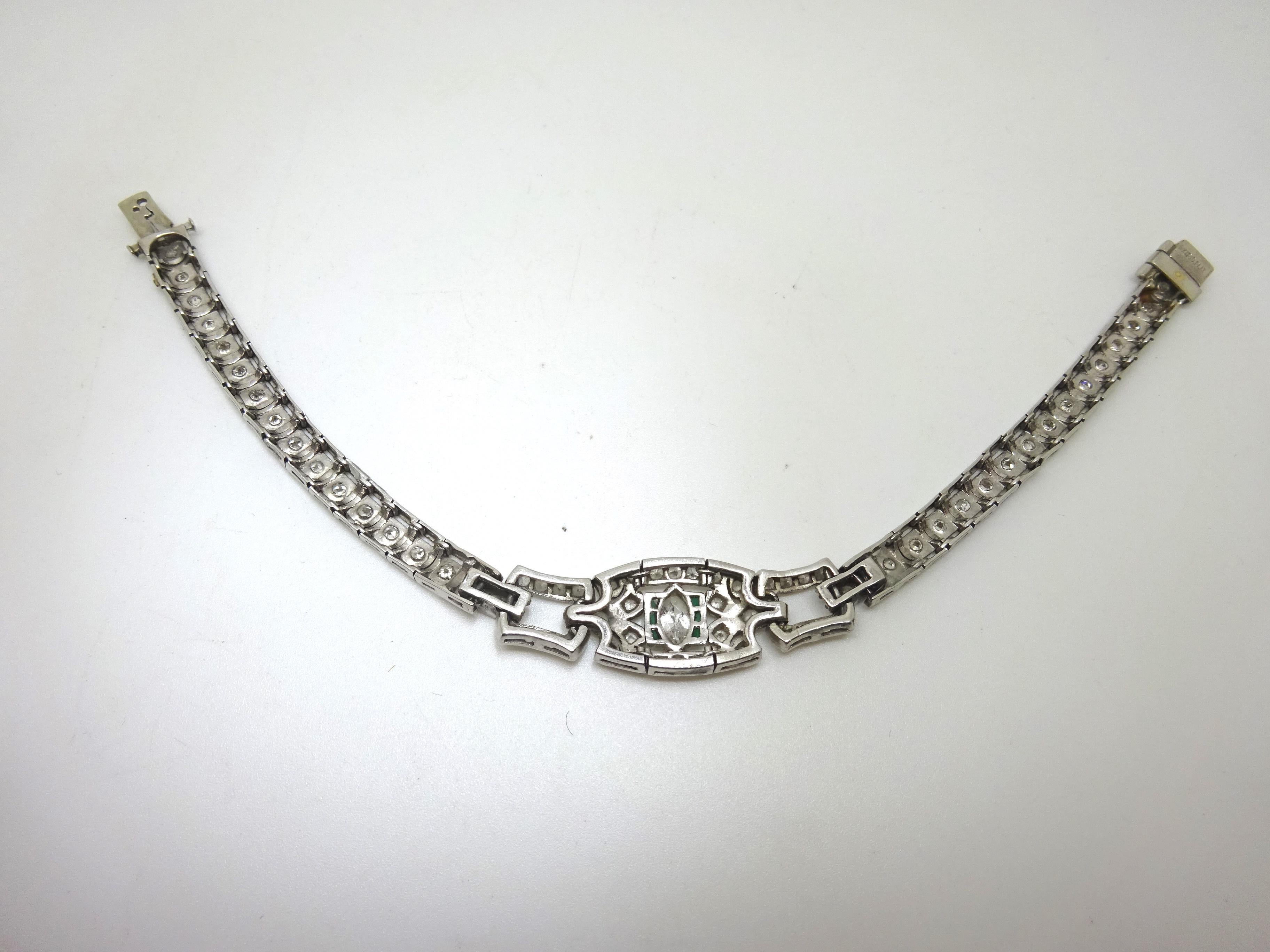 Art Deco Platinum Genuine Natural Diamond Bracelet with Emeralds '#J3489' 2