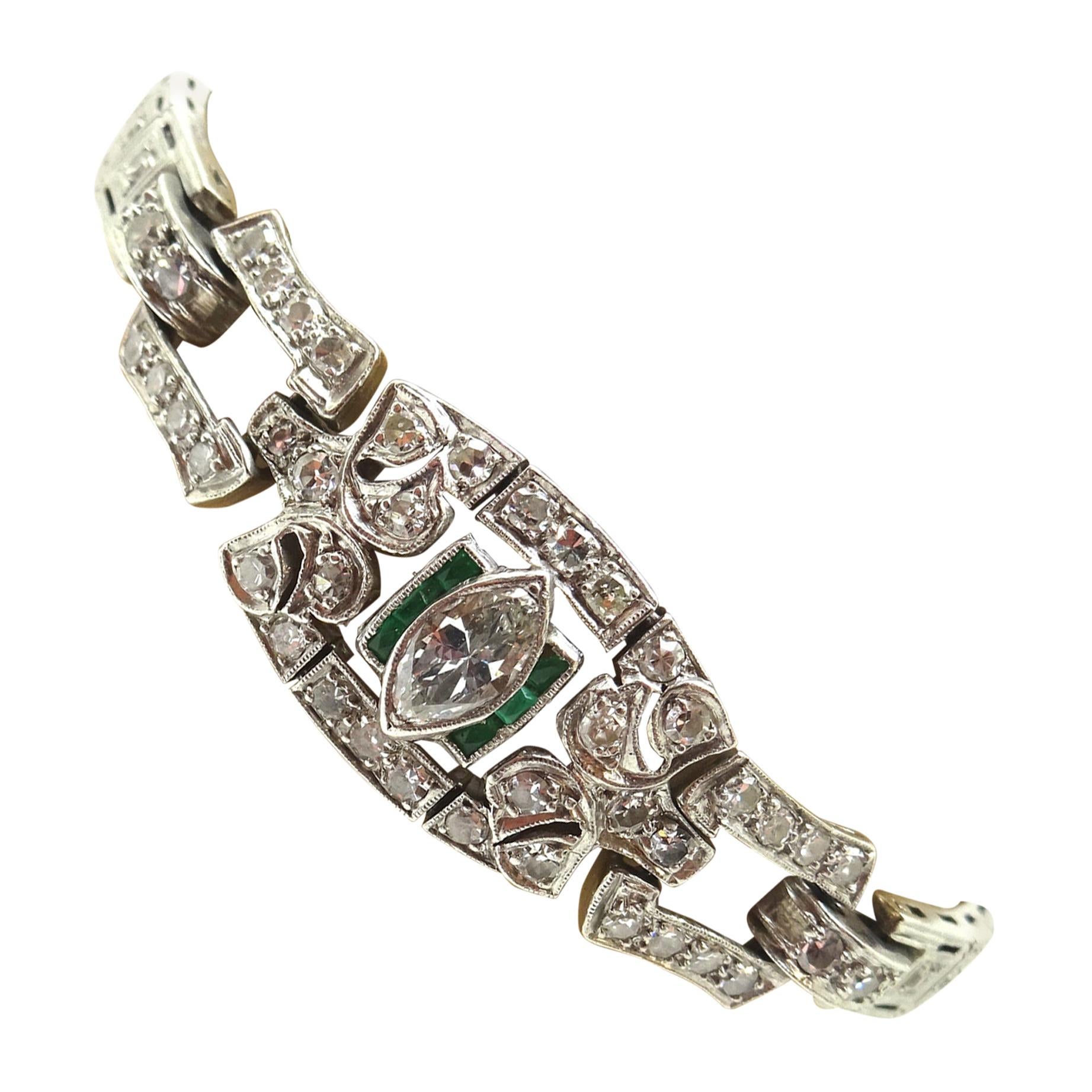 Art Deco Platinum Genuine Natural Diamond Bracelet with Emeralds '#J3489'