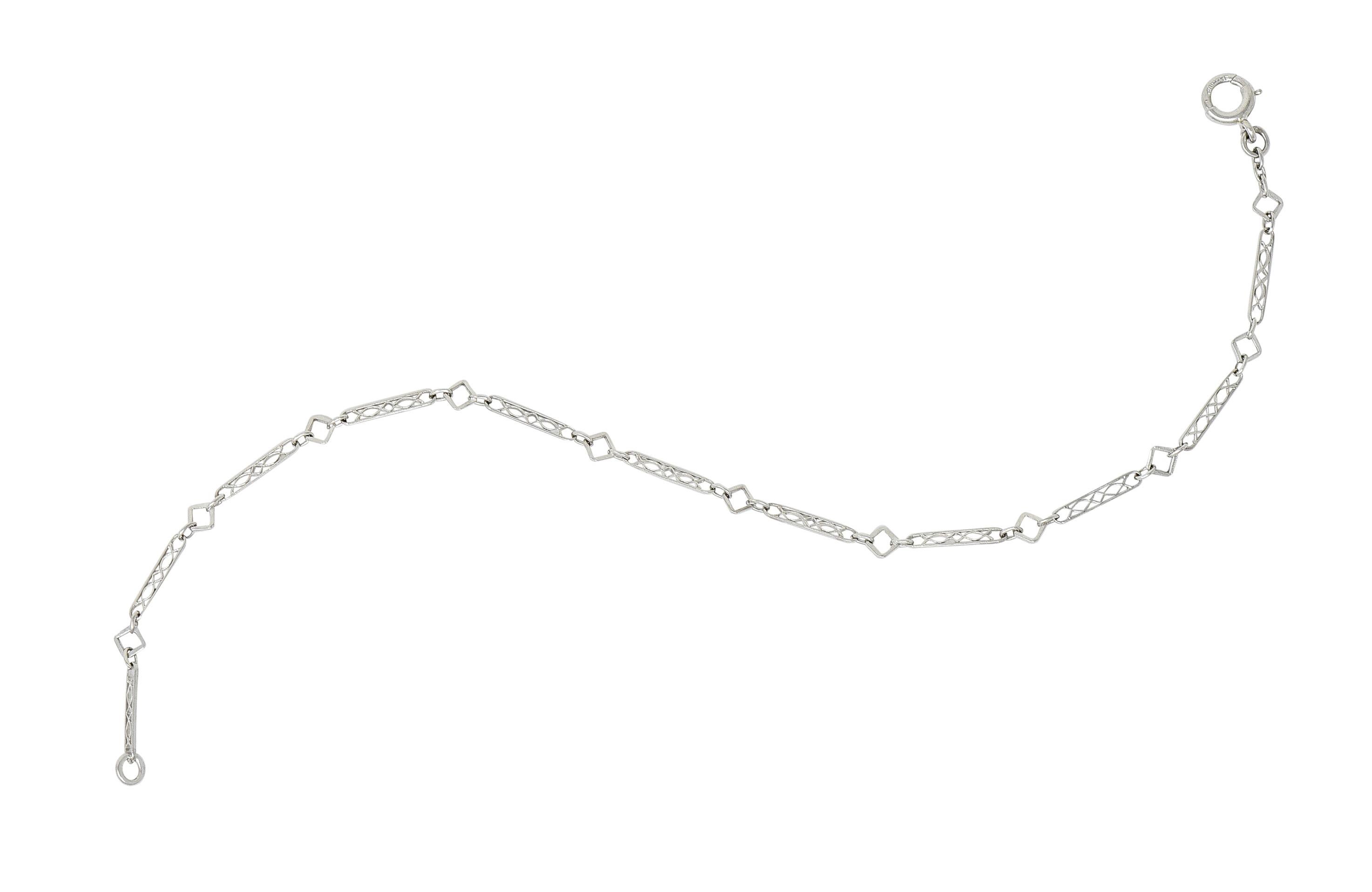 Bracelet designed as bar and link style

Navette shaped links alternate with elongated bars centering a pierced trellis design

Completed by a spring ring clasp

Stamped Irid Plat for platinum-iridium

Circa: 1930s

Length: 7 inches

Width: 3/16