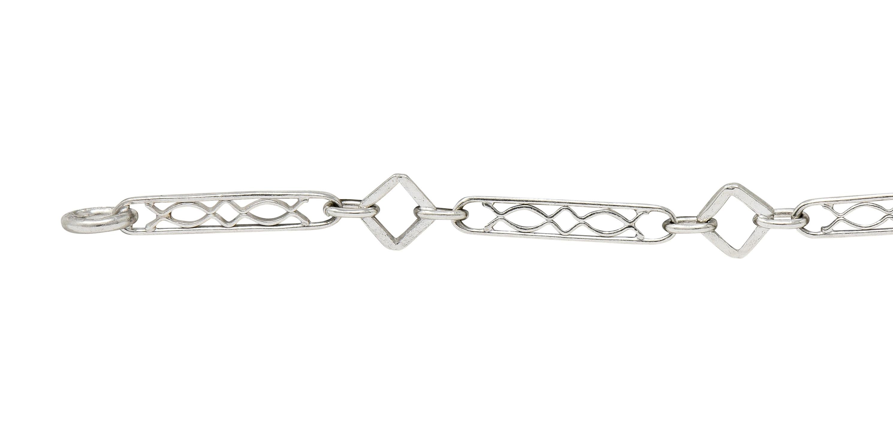 Art Deco Platinum Geometric Bar Link Chain Charm Bracelet In Excellent Condition In Philadelphia, PA