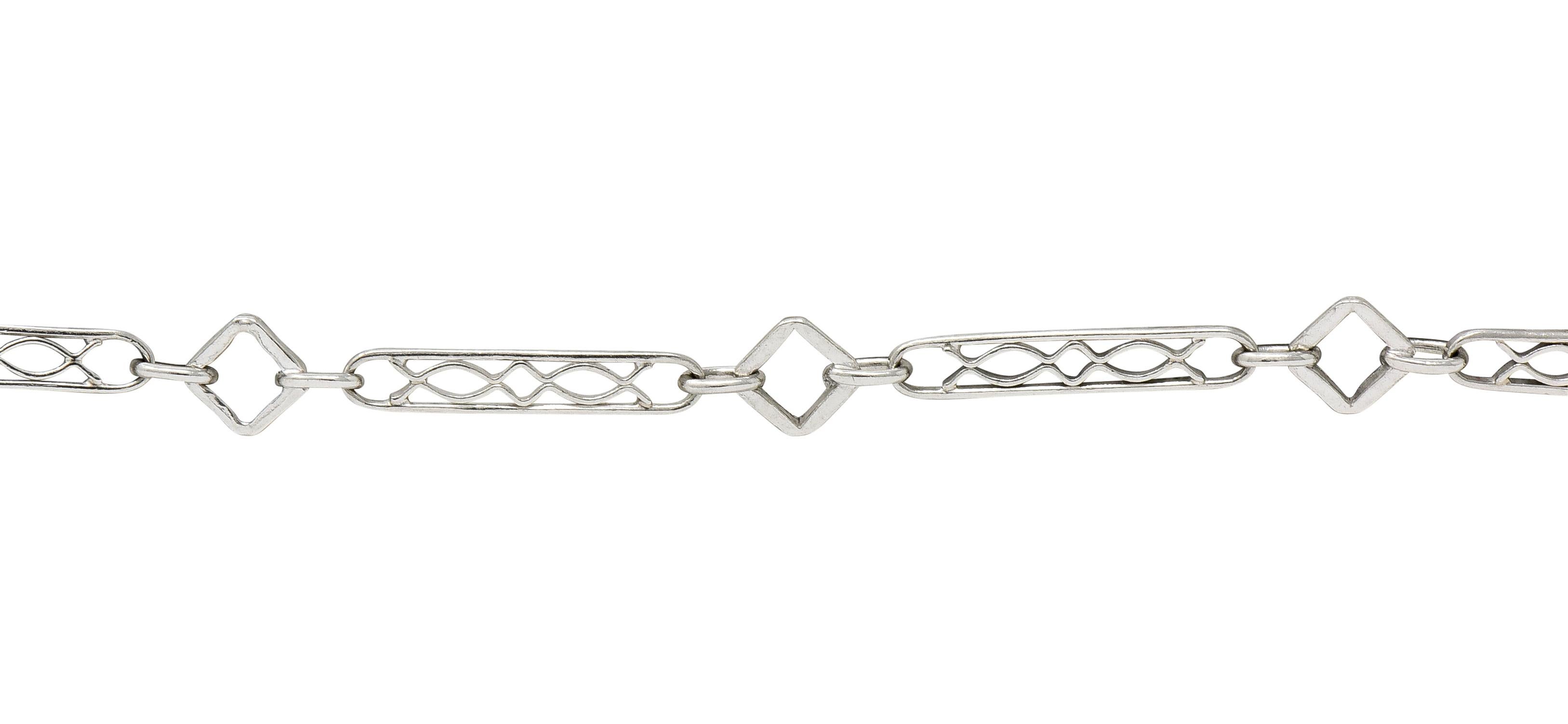 Women's or Men's Art Deco Platinum Geometric Bar Link Chain Charm Bracelet