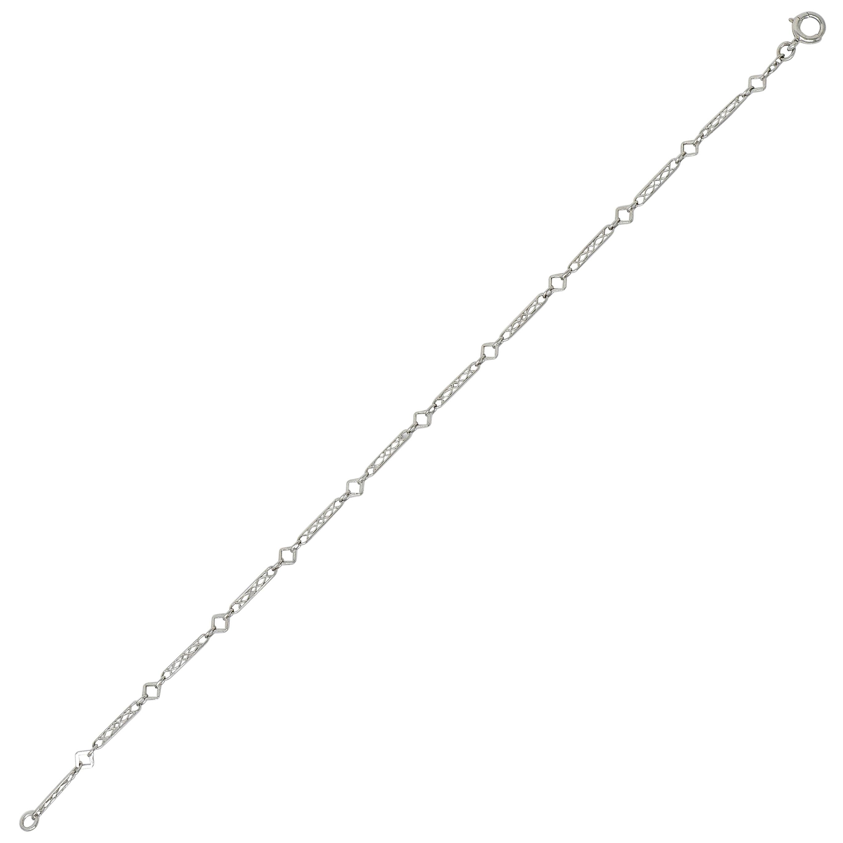 Art Deco Platinum Geometric Bar Link Chain Charm Bracelet