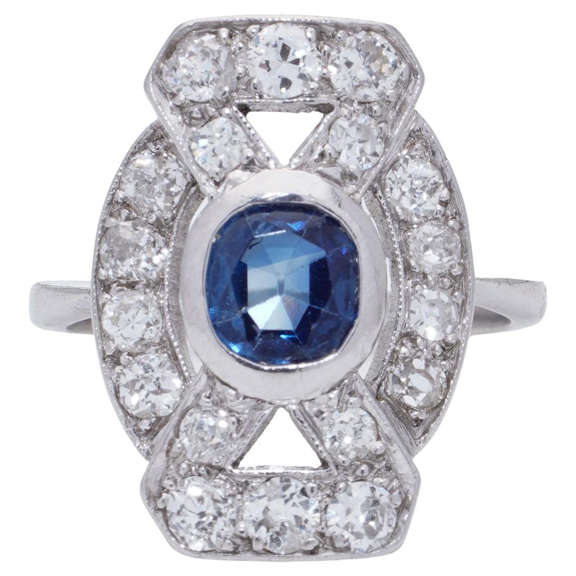 Art Deco Platinum geometric design sapphire and diamond ring