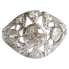 Antique Art Deco Platinum Geometric Open Work Dome Style Old Cut Diamond Cocktail Ring 