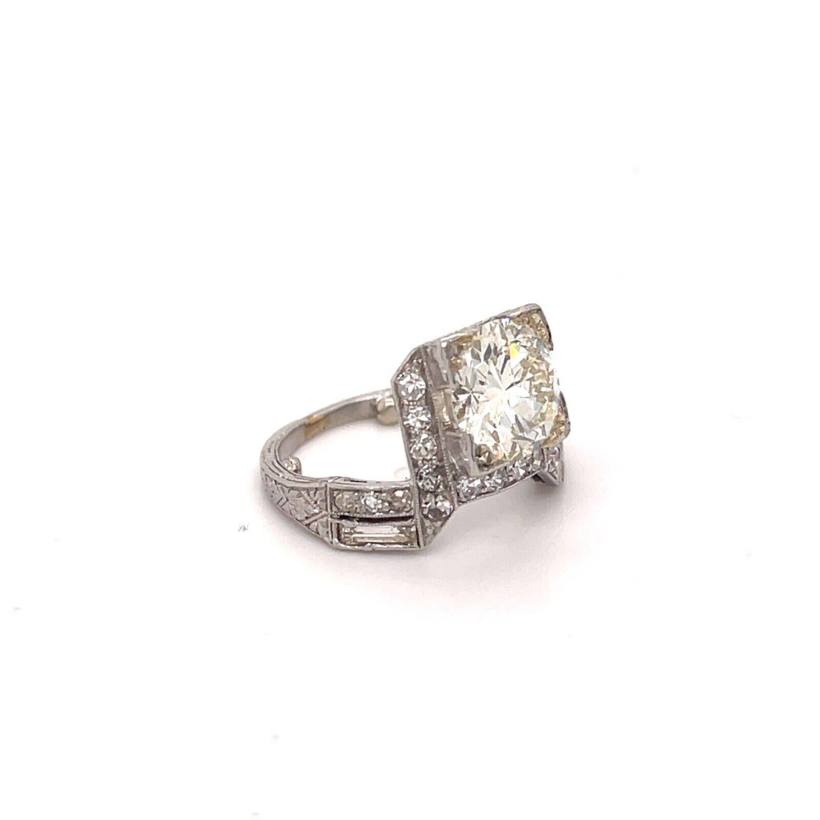 Art Deco Platinum GIA 1.98CT Round Diamond W/ Single Cut & Baguette Diamond Ring 1