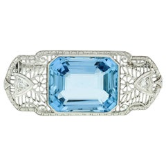Art Deco Platinum GIA Aquamarine and Diamond Wide Open Filigree Brooch Pin