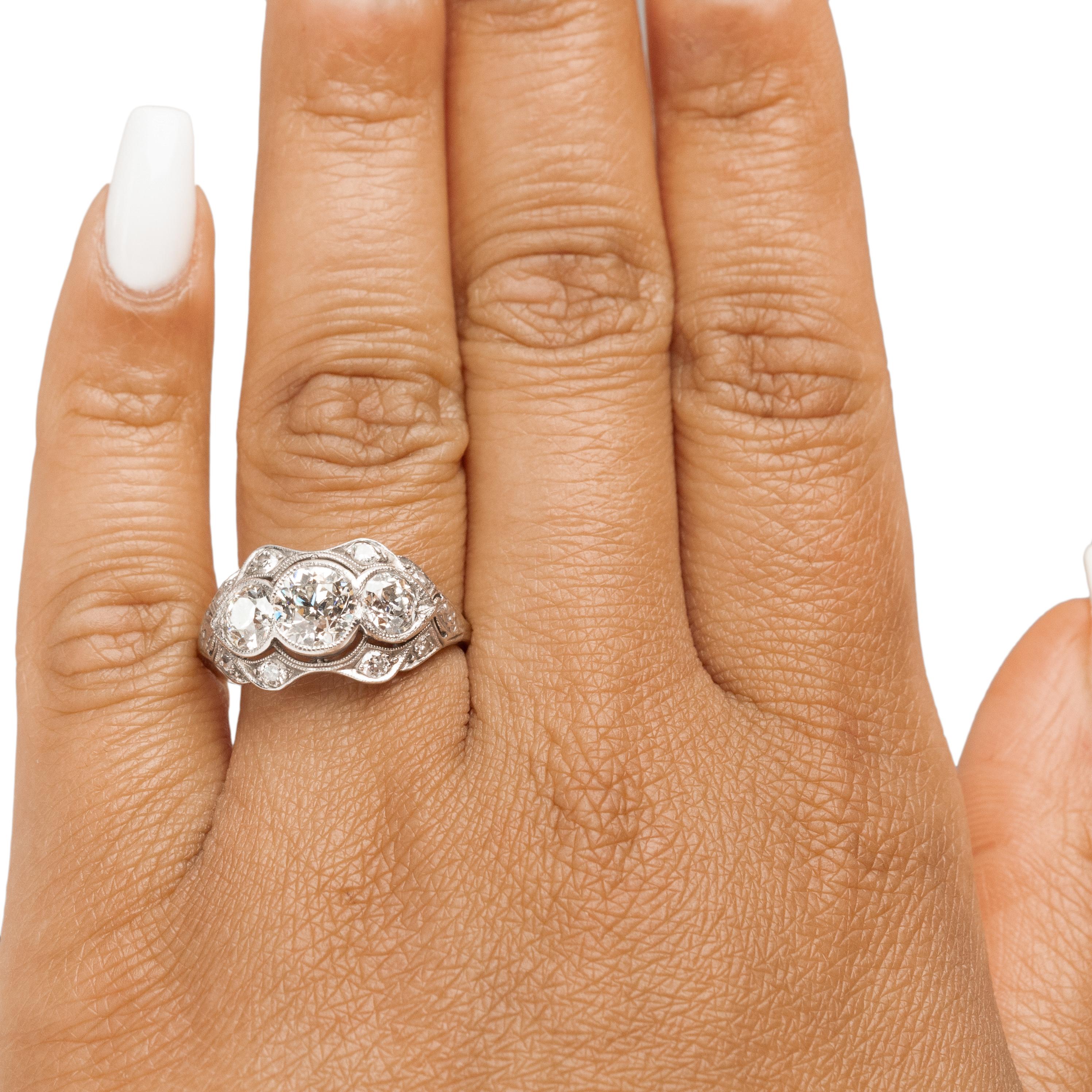 Women's or Men's Art Deco Platinum GIA Cert. Three Stone Old European Cut Vintage Engagement Ring
