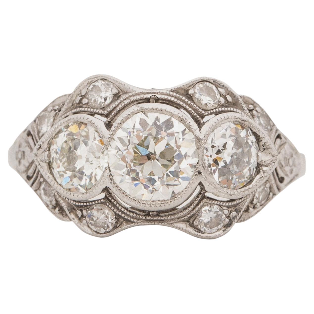 Art Deco Platinum GIA Cert. Three Stone Old European Cut Vintage Engagement Ring