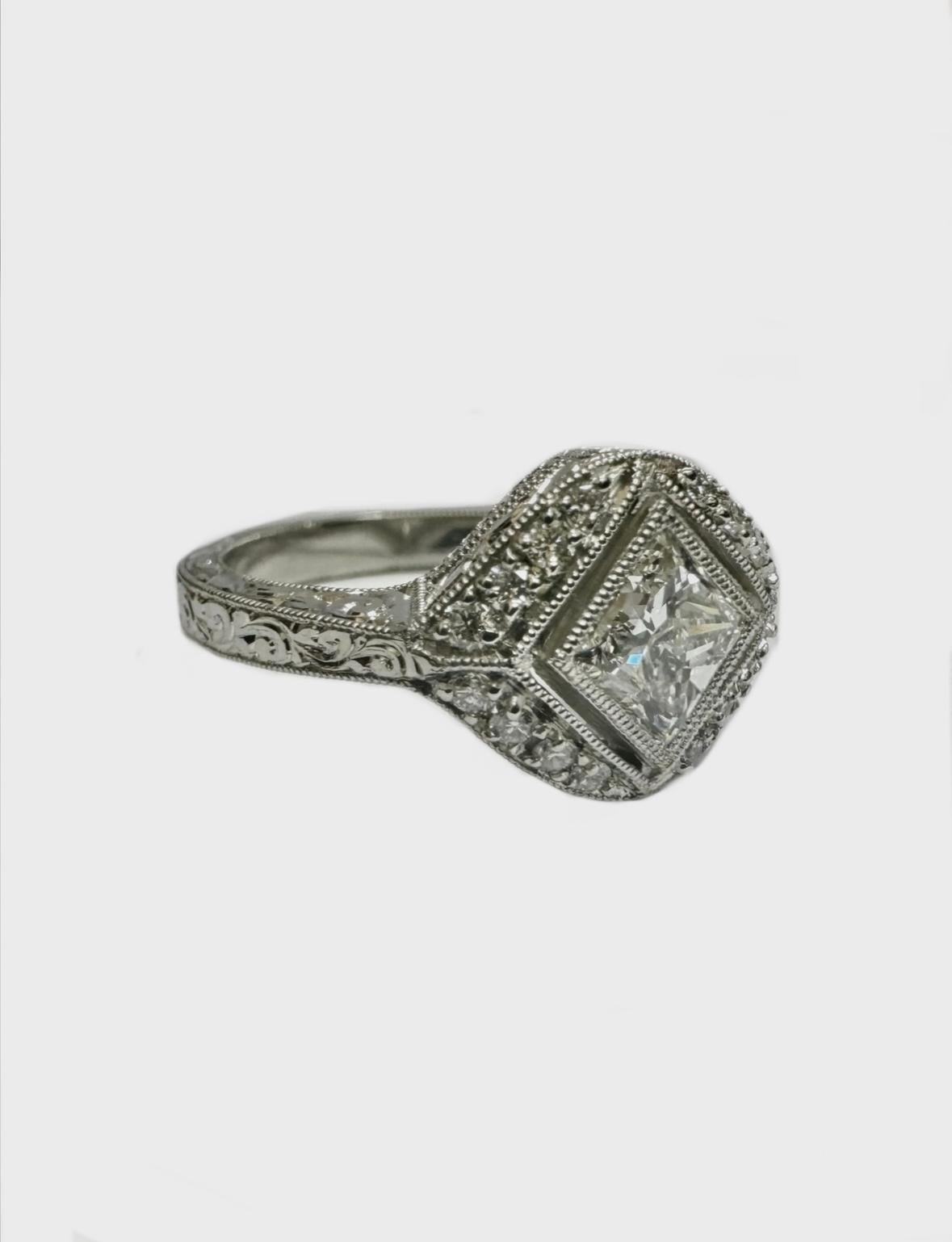 Art Deco Platinum GIA Certified 1.17 Carat Princess Cut Diamond Engagement Ring For Sale 1
