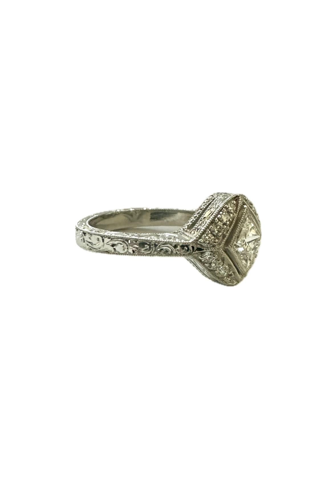 Art Deco Platinum GIA Certified 1.17 Carat Princess Cut Diamond Engagement Ring For Sale 2