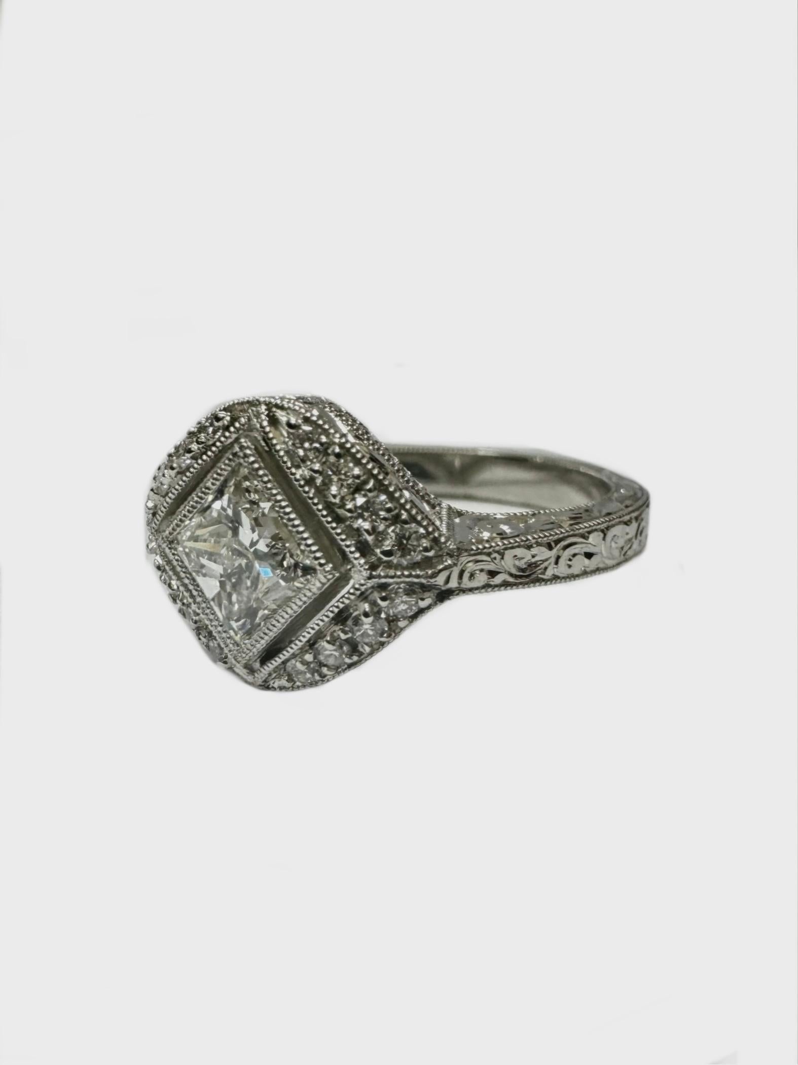Art Deco Platinum GIA Certified 1.17 Carat Princess Cut Diamond Engagement Ring For Sale 3