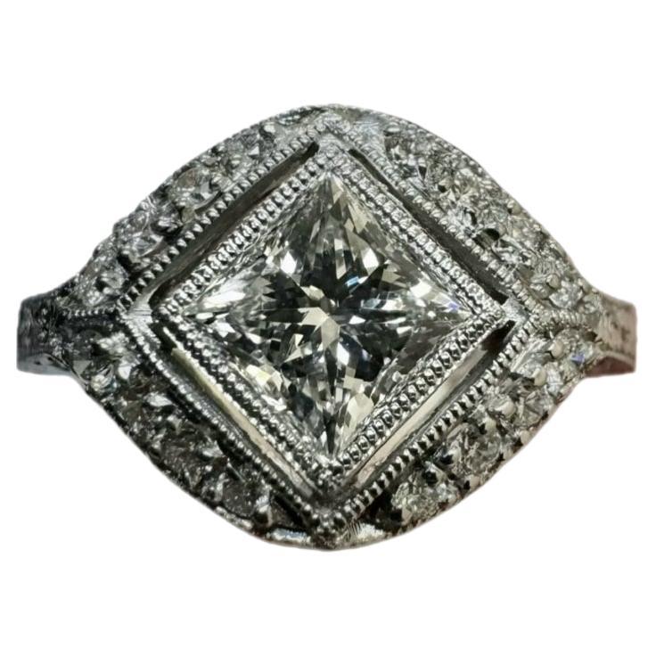 Art Deco Platinum GIA Certified 1.17 Carat Princess Cut Diamond Engagement Ring