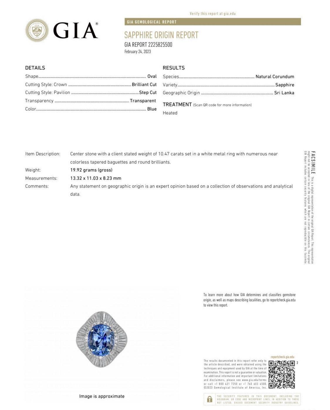 Bague Art déco en platine avec saphir bleu ovale certifié GIA de 10,47 carats en vente 10