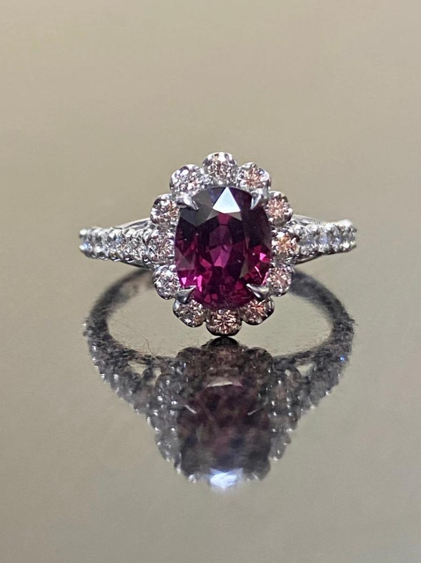 Oval Cut Art Deco Platinum GIA Certified Oval Ruby Halo Diamond Engagement Ring For Sale
