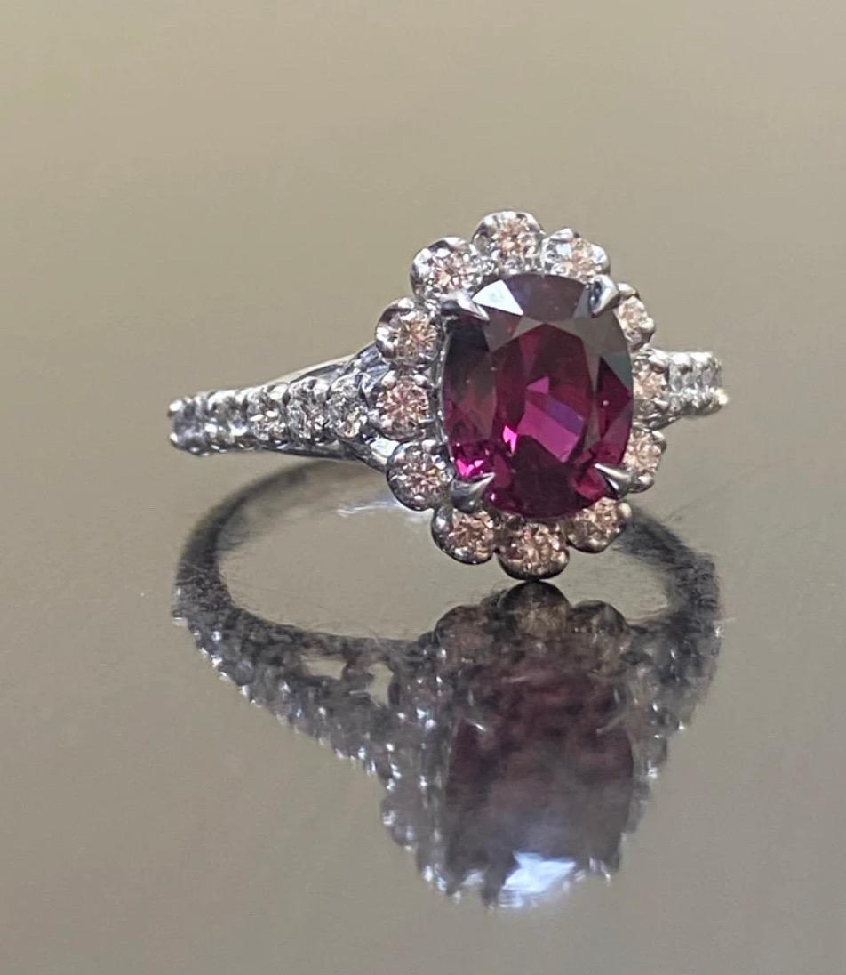 Art Deco Platinum GIA Certified Oval Ruby Halo Diamond Engagement Ring In New Condition For Sale In Los Angeles, CA