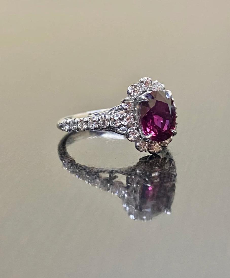 Women's or Men's Art Deco Platinum GIA Certified Oval Ruby Halo Diamond Engagement Ring For Sale