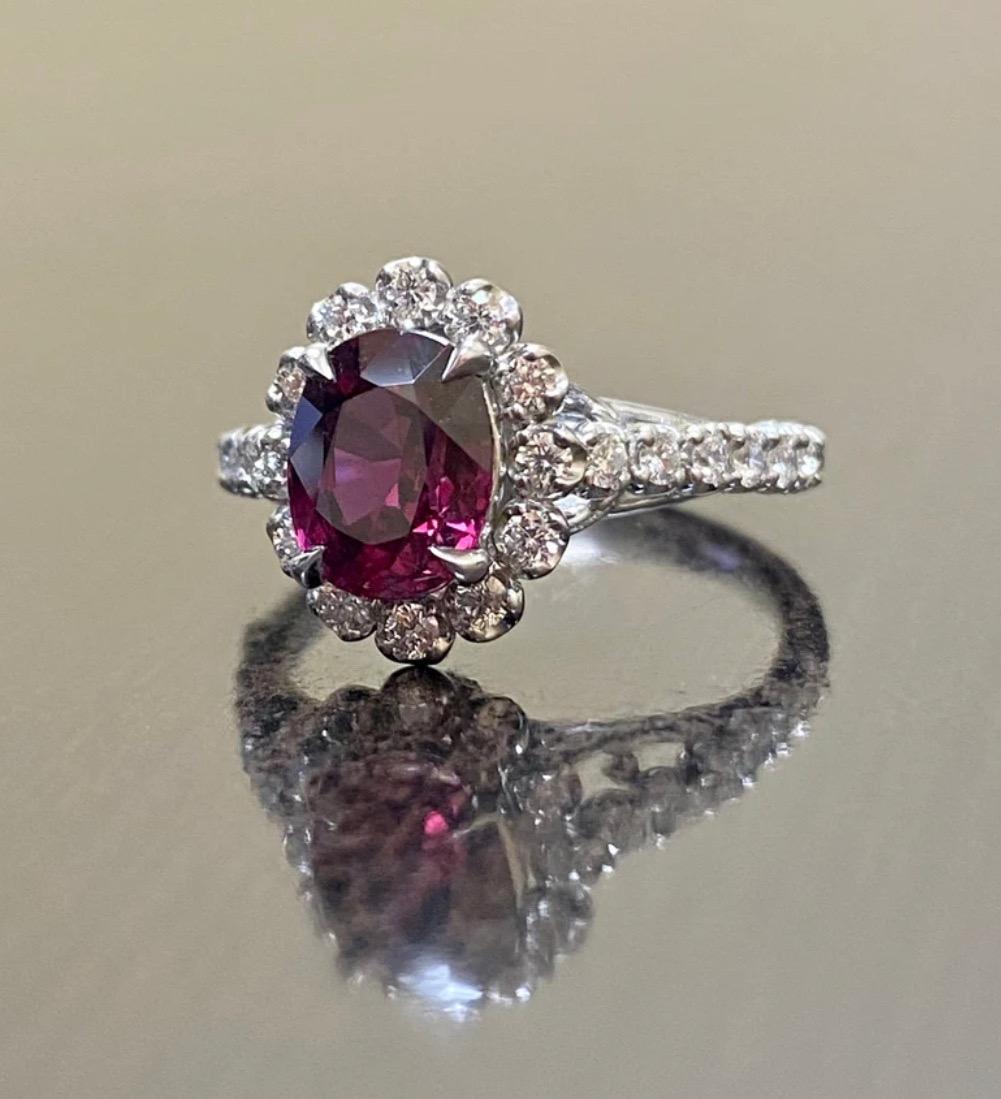 Art Deco Platinum GIA Certified Oval Ruby Halo Diamond Engagement Ring For Sale 3