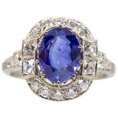 Art Deco Platinum Gia Ceylon Sapphire and Antique Diamond Engagement Ring