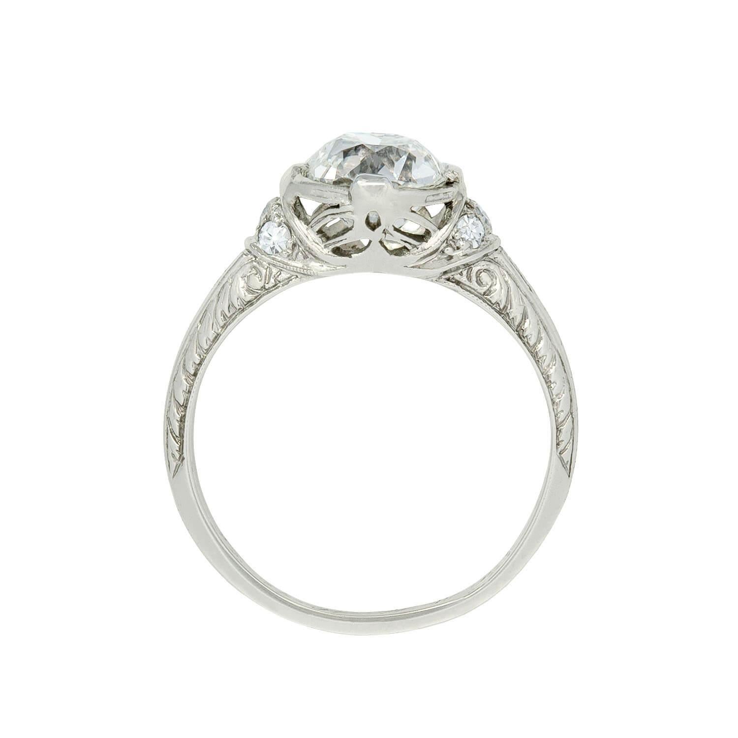 Bague de fiançailles Art Déco en platine GIA avec diamant gravé 1,52ct Bon état - En vente à Narberth, PA
