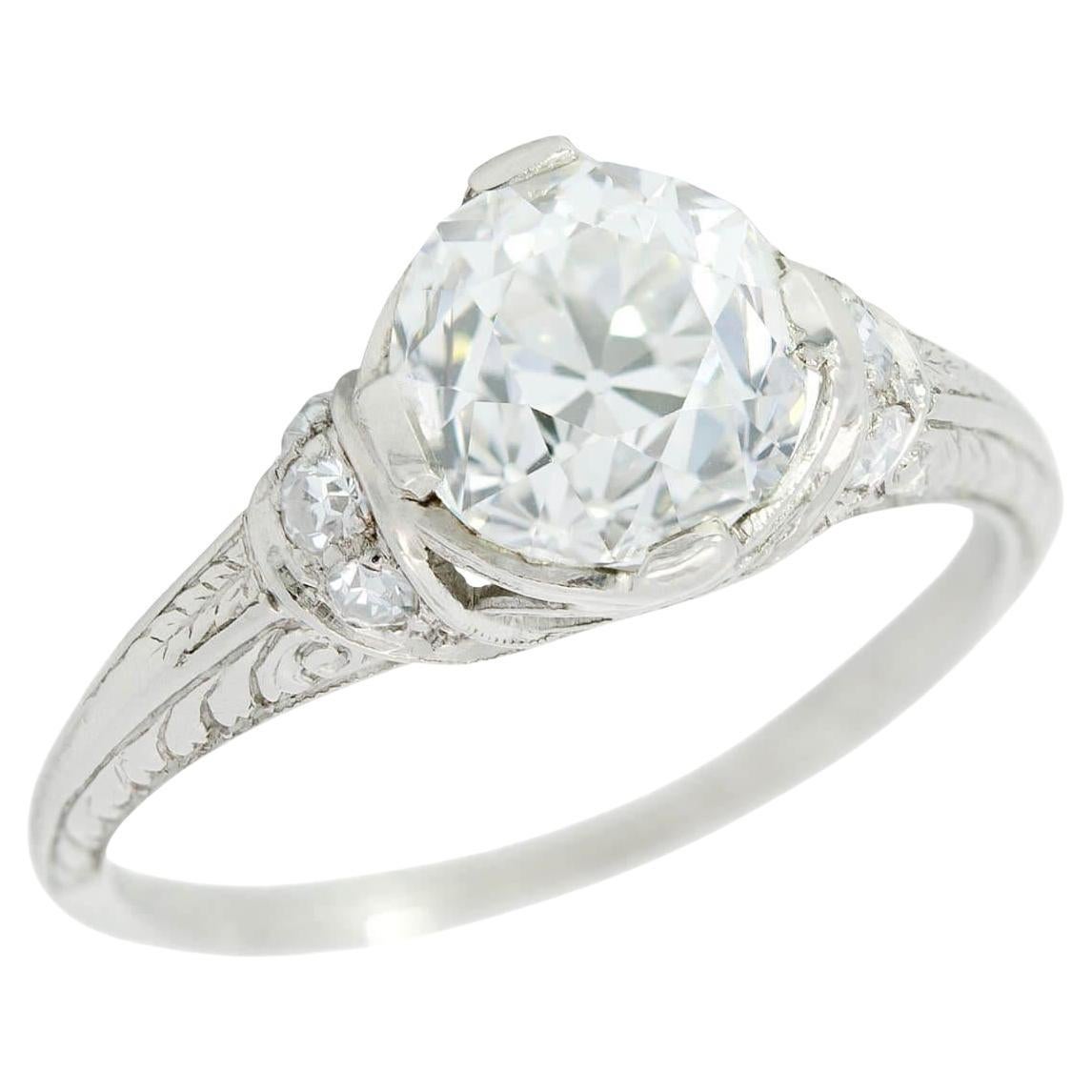 Bague de fiançailles Art Déco en platine GIA avec diamant gravé 1,52ct